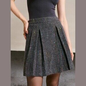Charcoal Tweed Rainbow Multicolor Stripe Pleated A-Line Mini Wool Blend Skirt